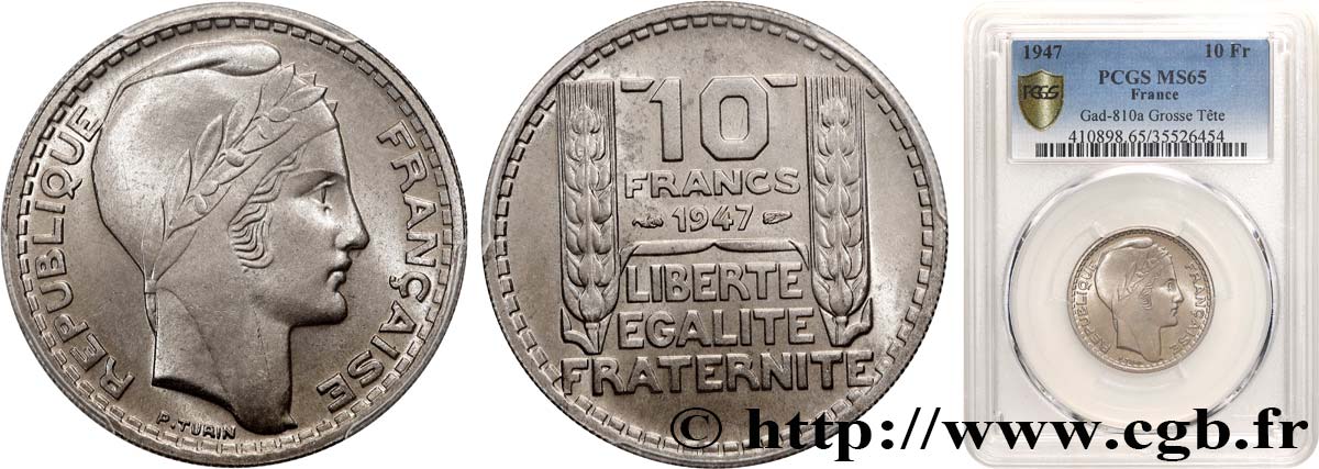 10 francs Turin, grosse tête, rameaux courts 1947  F.361A/4 MS65 PCGS