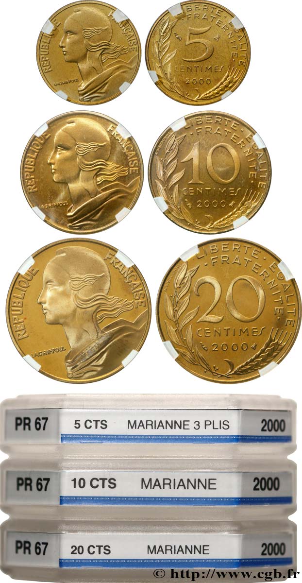 Lot de 5, 10 et 20 centimes Marianne, BE (Belle Épreuve) 2000 Pessac F.125/44 var. MS67 GENI