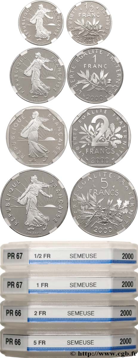 Lot de 1/2, 1, 2 et 5 francs Semeuse, BE (Belle Épreuve) 2000 Pessac F.198/43 var. MS GENI