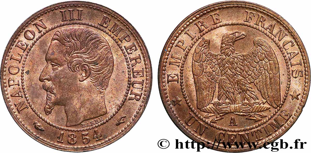 Un centime Napoléon III, tête nue 1854 Paris F.102/9 MS
