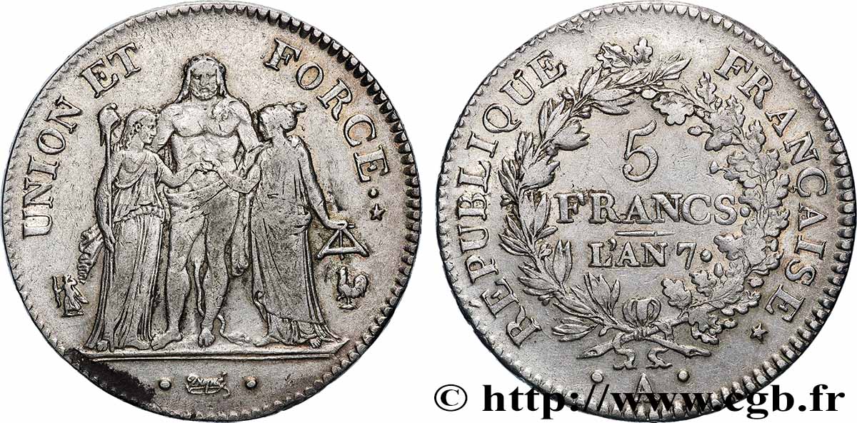 5 francs Union et Force, Union serré, avec glands intérieurs et gland extérieur 1799 Paris F.288/95 XF