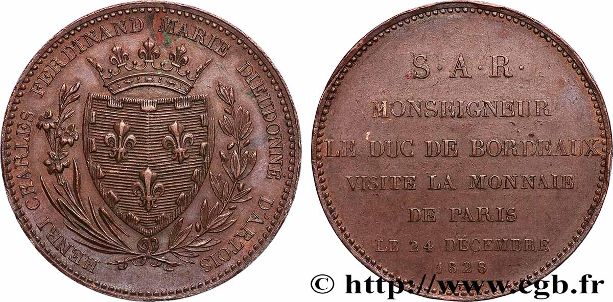 Monnaie de visite, module de 5 francs, pour le duc de Bordeaux à la Monnaie de Paris 1828 Paris VG.2658  AU