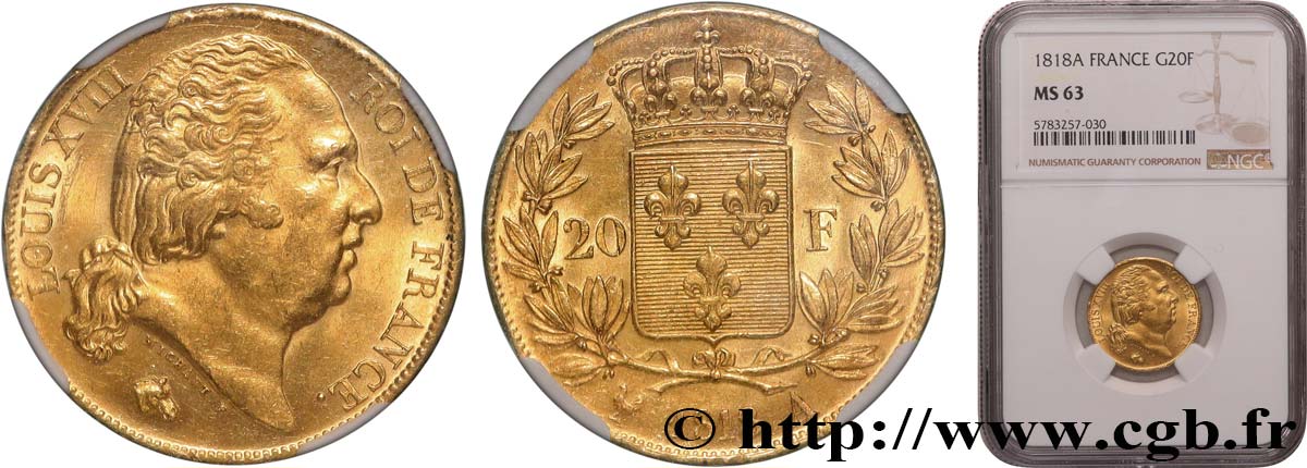 20 francs or Louis XVIII, tête nue 1818 Paris F.519/10 SPL63 NGC
