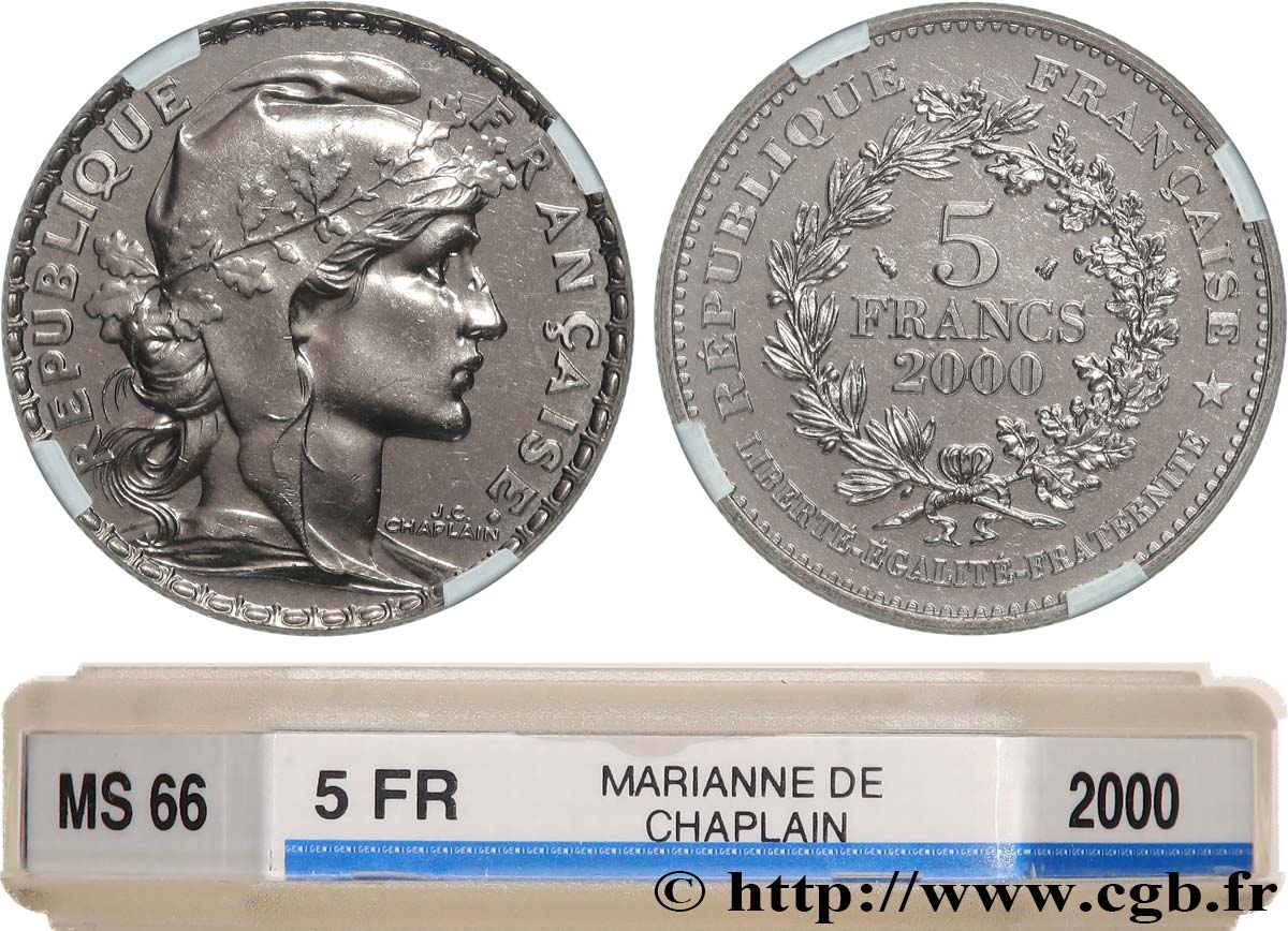 5 francs La Marianne de Chaplain 2000 Paris F.354/1 MS66 GENI