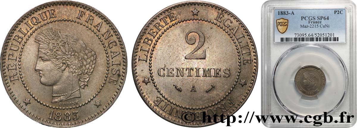 Épreuve de 2 centimes Cérès en Cupro-Nickel 1883 Paris GEM.5 4 var. SPL64 PCGS