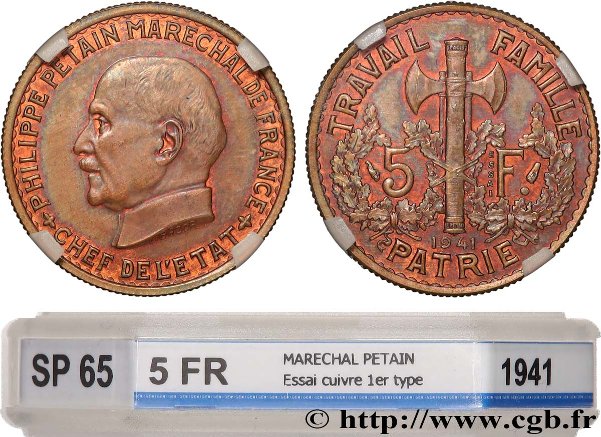 Épreuve de 5 francs Pétain en cuivre, 1er projet de Bazor, frappe monnaie 1941 Paris GEM.142 20 FDC65 GENI