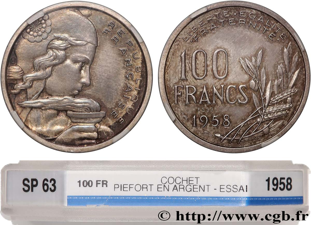 Essai-piéfort de 100 francs Cochet en argent 1958 Paris GEM.230 EP2 SPL63 GENI