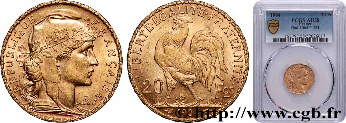 20 francs or Coq, Dieu protège la France 1904 Paris F.534/9 SUP58 PCGS