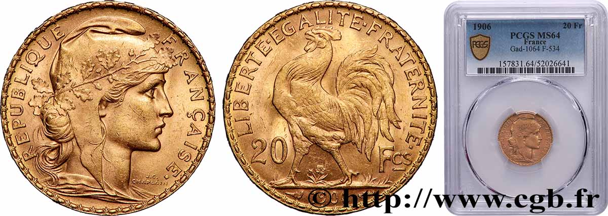 20 francs or Coq, Dieu protège la France 1906 Paris F.534/11 SPL64 PCGS
