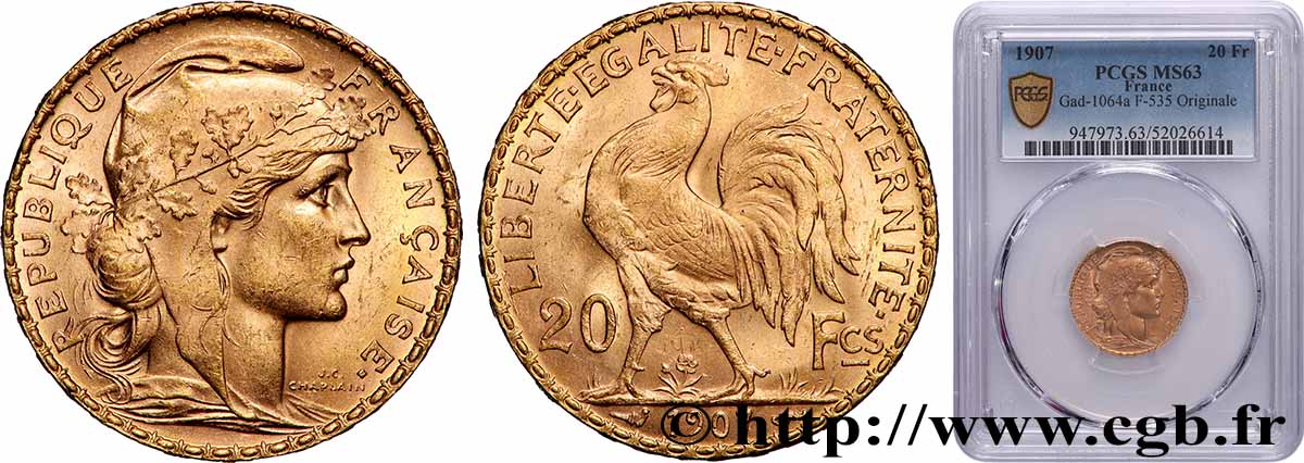20 francs or Coq, Liberté Égalité Fraternité 1907 Paris F.535/1 SPL63 PCGS