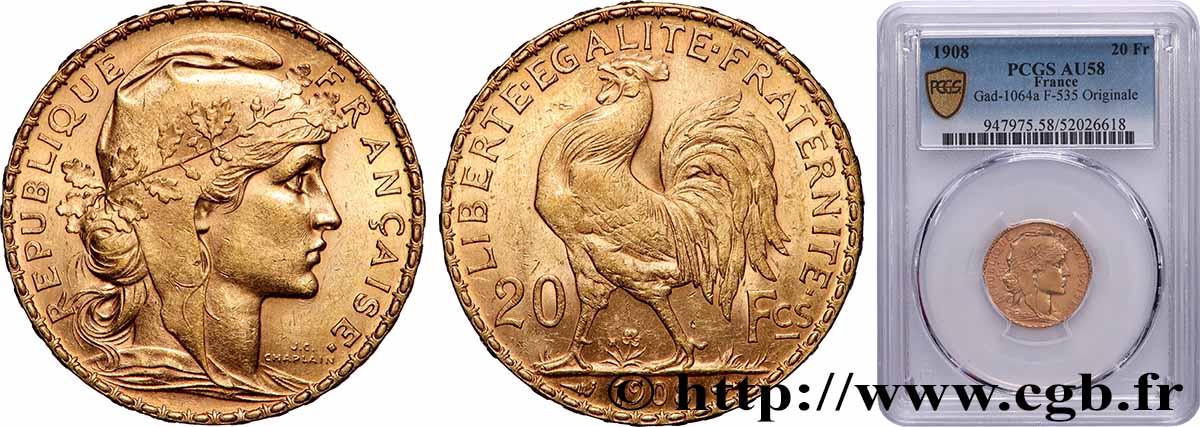 20 francs or Coq, Liberté Égalité Fraternité 1908 Paris F.535/2 SUP58 PCGS