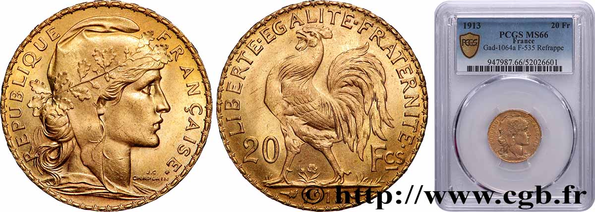20 francs or Coq, Liberté Égalité Fraternité 1913 Paris F.535/7 FDC66 PCGS