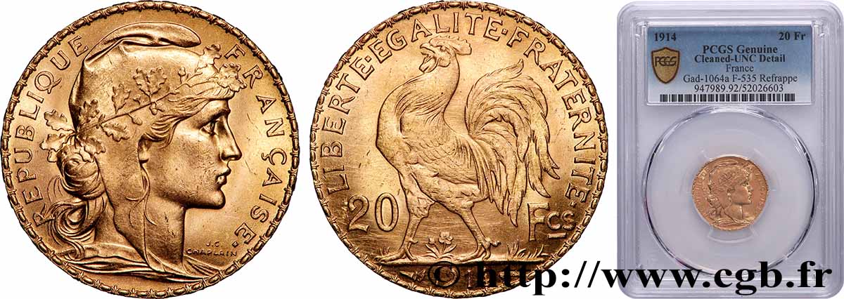 20 francs or Coq, Liberté Égalité Fraternité 1914 Paris F.535/8 SUP+ PCGS