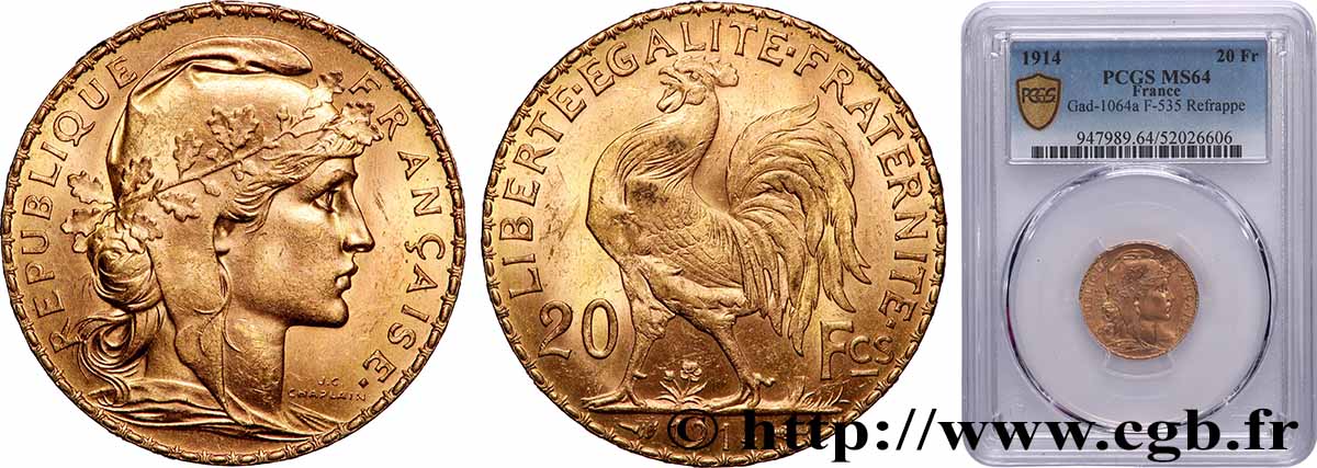 20 francs or Coq, Liberté Égalité Fraternité 1914 Paris F.535/8 SPL64 PCGS