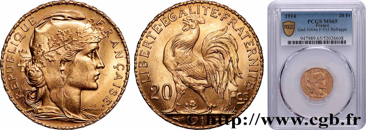 20 francs or Coq, Liberté Égalité Fraternité 1914 Paris F.535/8 FDC65 PCGS