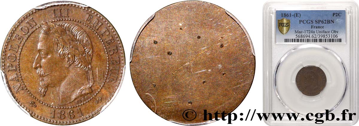 Essai uniface avers de Deux centimes Napoléon III, tête laurée 1861 Maz.1724 a SUP62 PCGS