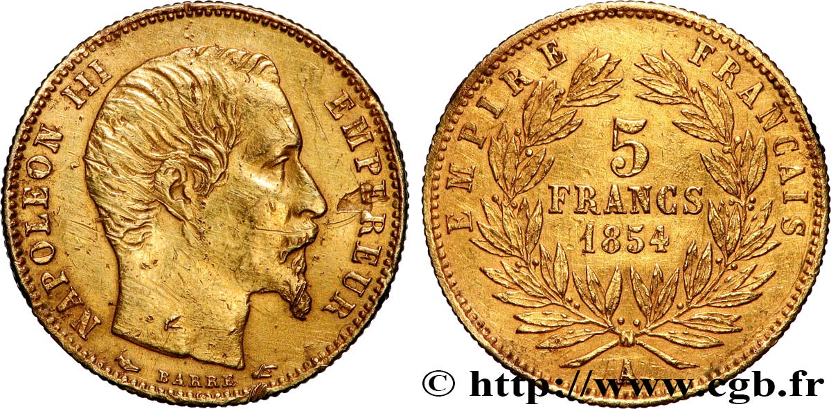 5 francs or Napoléon III, tête nue, petit module, tranche cannelée 1854 Paris F.500A/1 F/VF