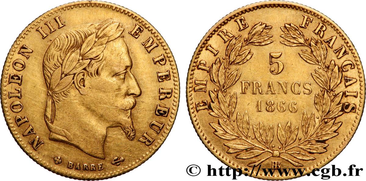 5 francs or Napoléon III, tête laurée 1866 Strasbourg F.502/10 VF
