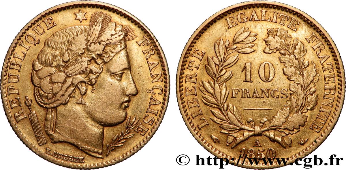 10 francs or Cérès, IIe République, levrette oreille basse 1850 Paris F.504/2 TB+