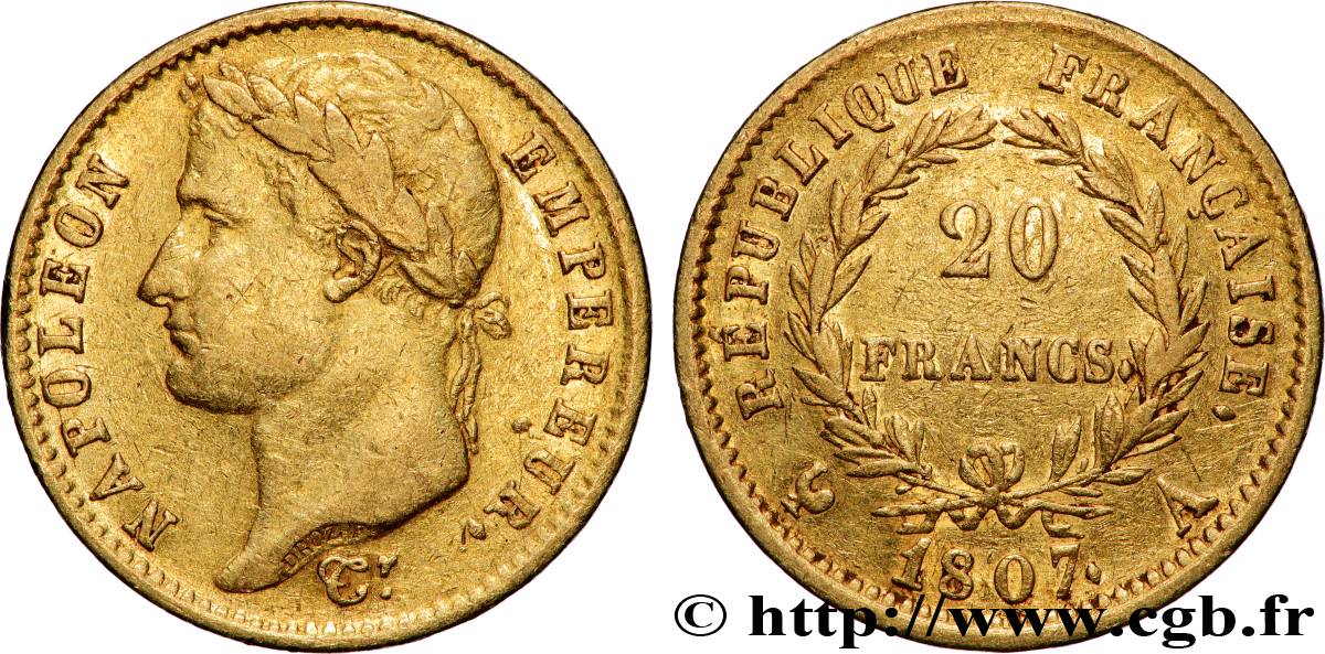 20 francs or Napoléon tête laurée, République française 1807 Paris F.515/1 TB+