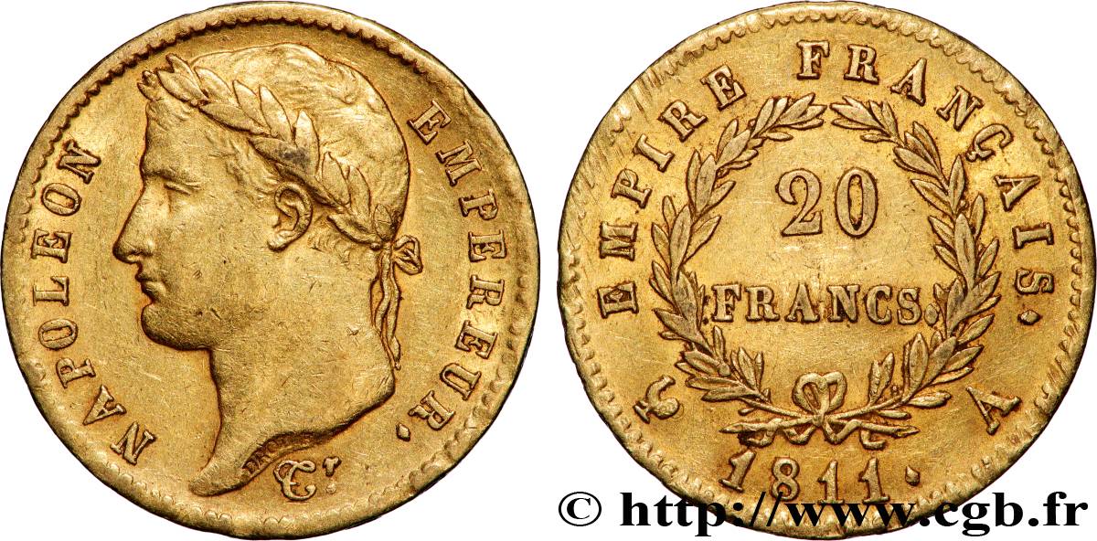 20 francs or Napoléon, tête laurée, Empire français 1811 Paris F.516/16 AU