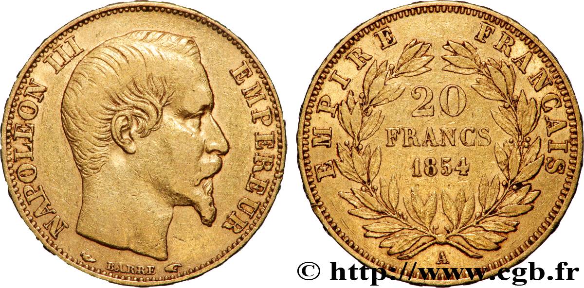 20 francs or Napoléon III, tête nue 1854 Paris F.531/2 TB+