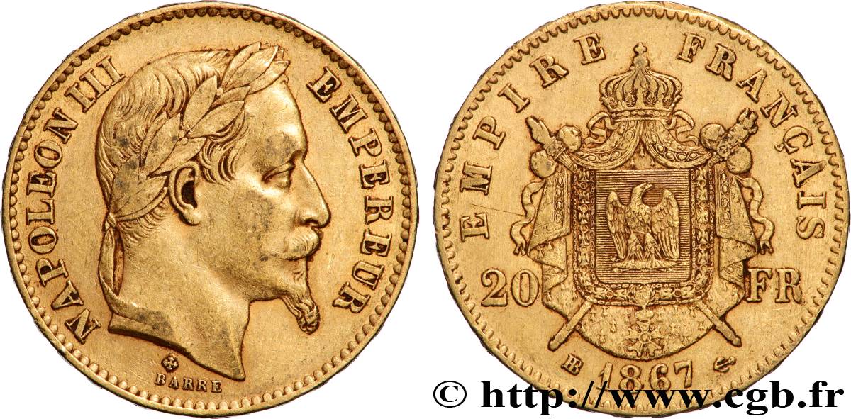 20 francs or Napoléon III, tête laurée, petit BB 1867 Strasbourg F.532/16 TTB