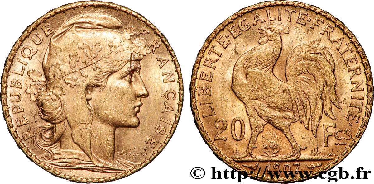 20 francs or Coq, Liberté Égalité Fraternité 1907 Paris F.535/1 TTB+