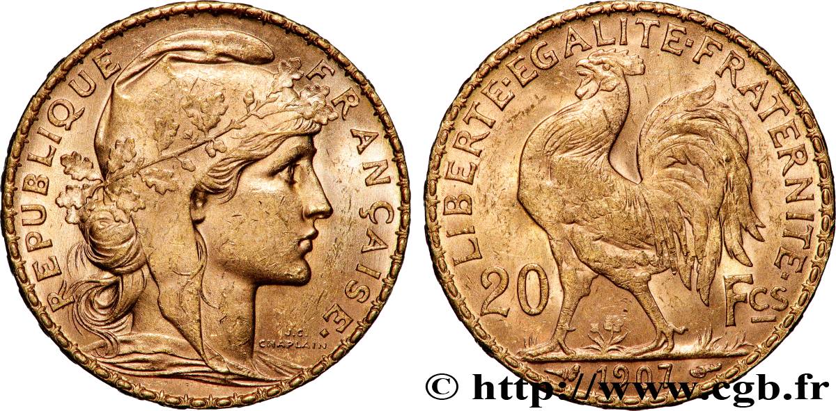 20 francs or Coq, Liberté Égalité Fraternité 1907 Paris F.535/1 AU