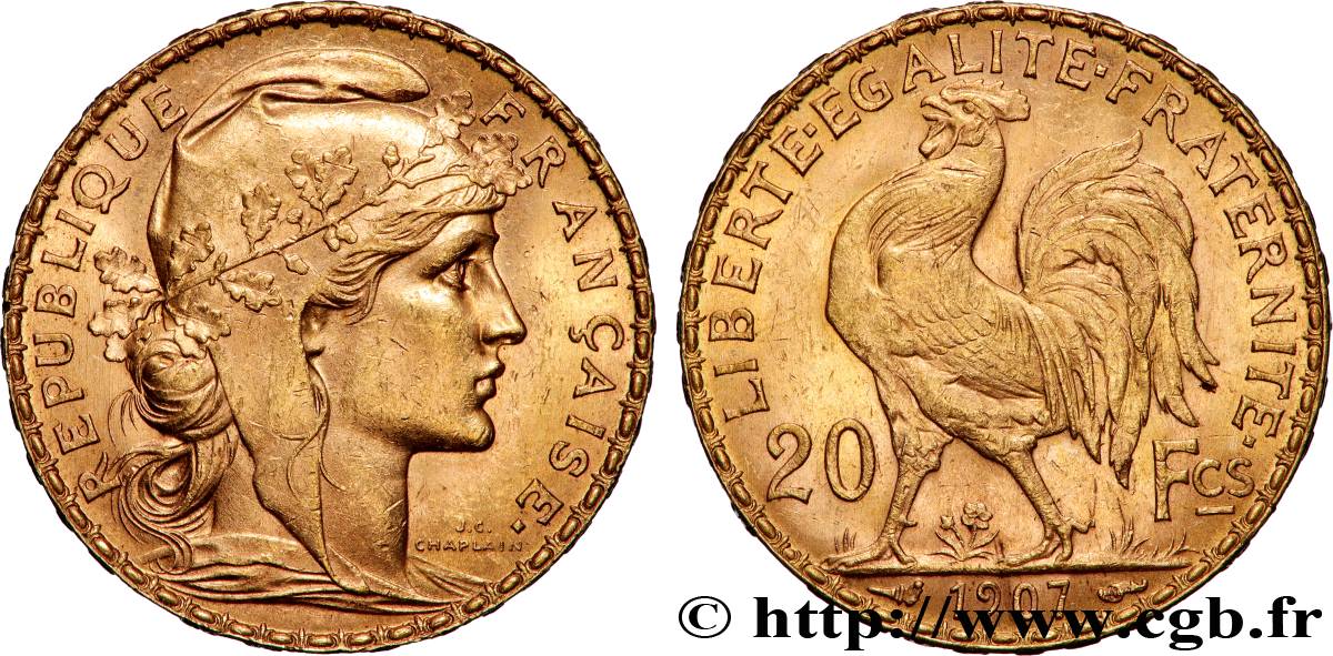20 francs or Coq, Liberté Égalité Fraternité 1907 Paris F.535/1 SUP