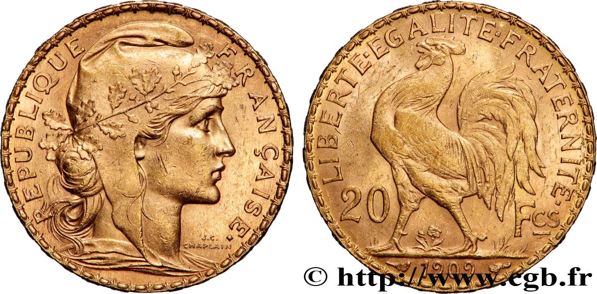 20 francs or Coq, Liberté Égalité Fraternité 1909 Paris F.535/3 AU