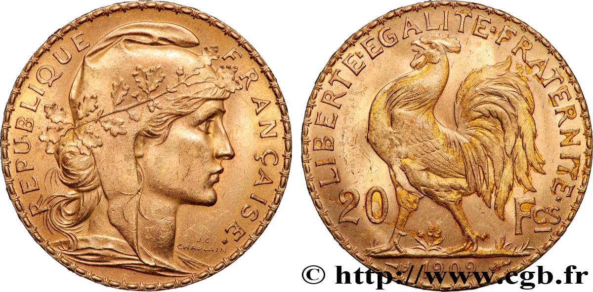 20 francs or Coq, Liberté Égalité Fraternité 1909 Paris F.535/3 SUP