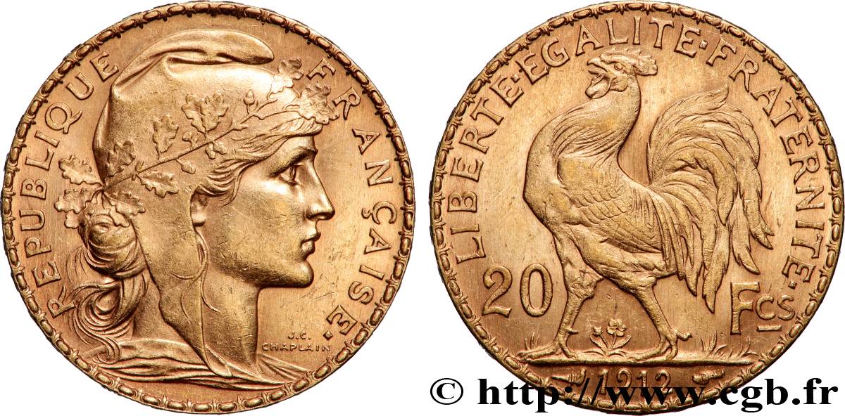 20 francs or Coq, Liberté Égalité Fraternité 1912 Paris F.535/6 SUP