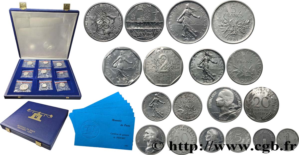 Coffret de 9 Piéforts en Argent : 10, 5, 2, 1 et 1/2 francs et 20, 10, 5 et 1 centimes 1981 Pessac GEM.292 CPA13 FDC