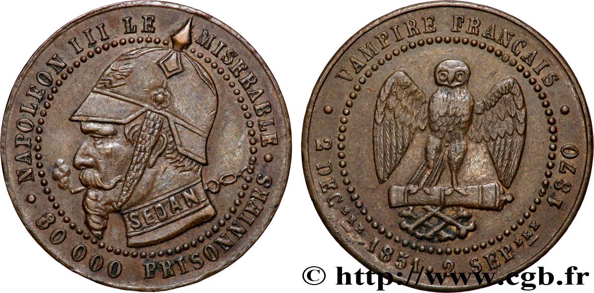 Médaille satirique Cu 25, module de Cinq centimes, type B “Os et Cigarette” 1870 Schw.B3c TTB+