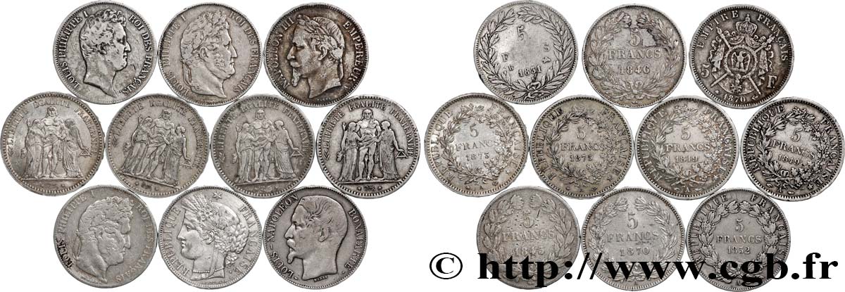 Lot de dix écus de 5 francs n.d. F.-/ TB