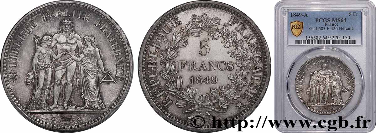 5 francs Hercule, IIe République 1849 Paris F.326/5 fST64 PCGS