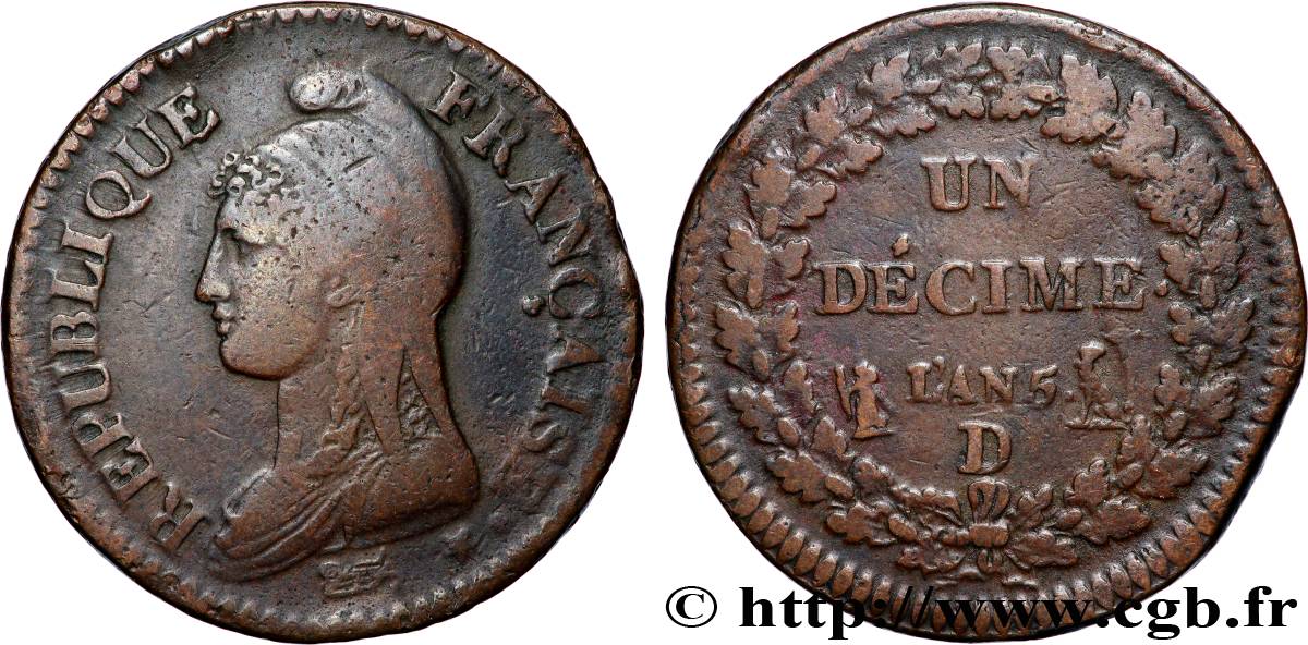 Un décime Dupré, grand module 1797 Lyon F.129/12 TB