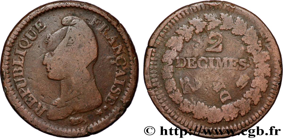 Un décime Dupré, grand module,  refrappage  du 2 décimes 1797 Paris F.128/1 B+