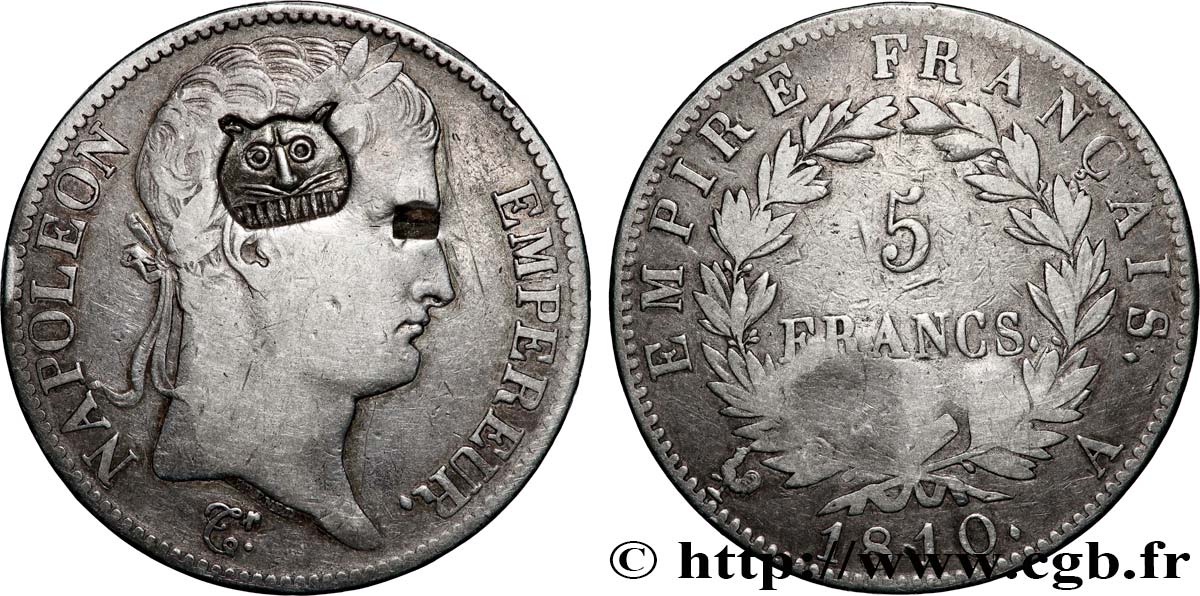 5 francs Napoléon Empereur, Empire français, contremarqué d’une tête de tigre 1810 Paris F.307/14 var. TB