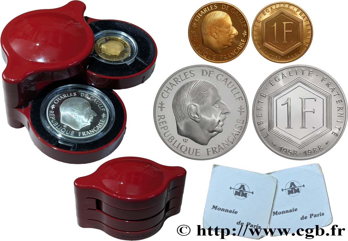 Coffret Belle Épreuve 1 franc De Gaulle or et argent 1988 Paris F5.1000 1 FDC