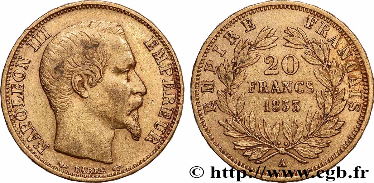 20 francs or Napoléon III, tête nue 1853 Paris F.531/1 TTB