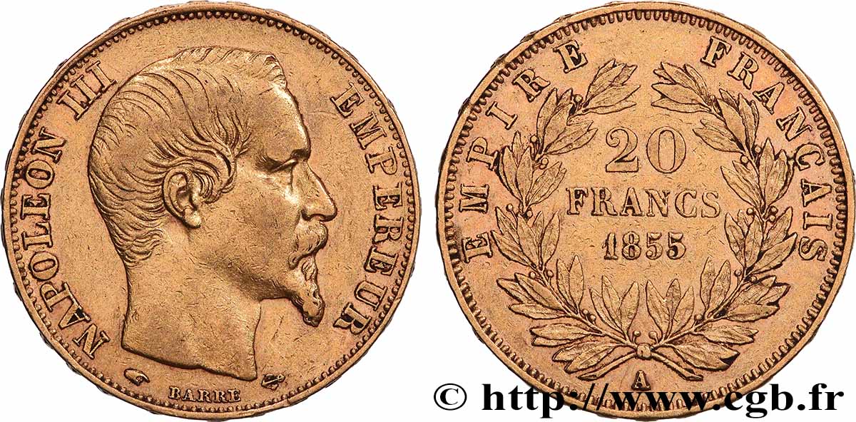 20 francs or Napoléon III, tête nue 1855 Paris F.531/4 TTB