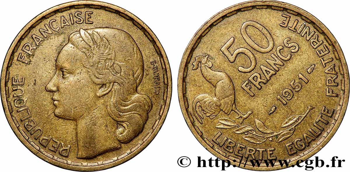 50 francs Guiraud, Fautée Coins Tournés à -8 min/-48° 1951 F.425/5 var. TTB