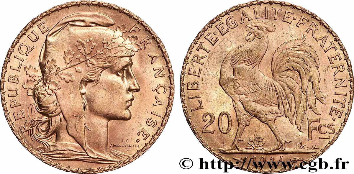 20 francs or Coq, Liberté Égalité Fraternité 1914 Paris F.535/8 SC