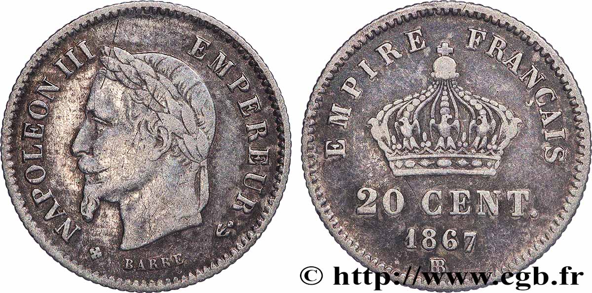 20 centimes Napoléon III, tête laurée, grand module 1867 Strasbourg F.150/2 TB
