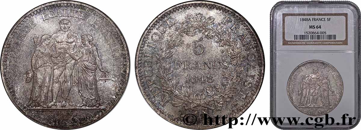 5 francs Hercule, IIe République 1848 Paris F.326/1 MS64 NGC