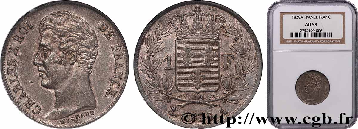 1 franc Charles X 1828 Paris F.207/37 AU58 NGC