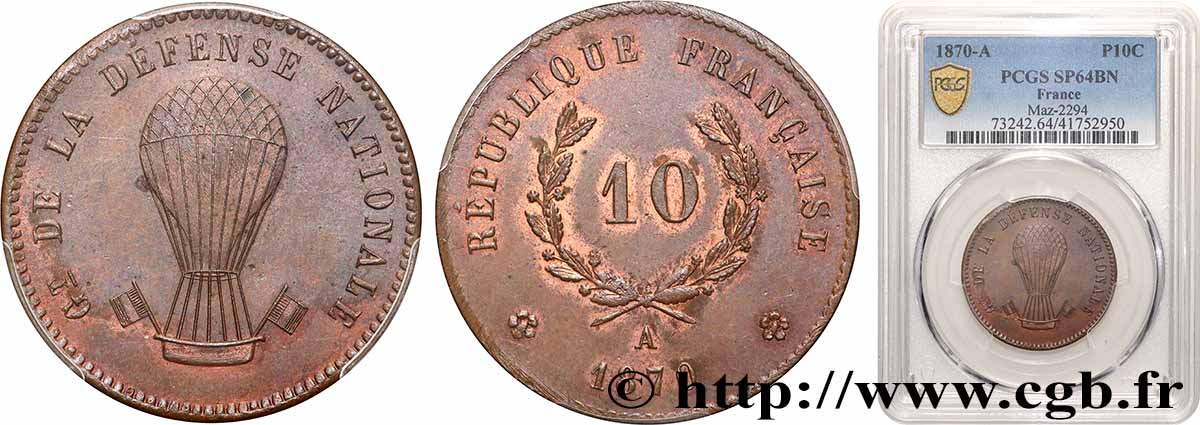 Essai au module de 10 centimes au ballon 1870 Paris VG.3780 SPL64 PCGS