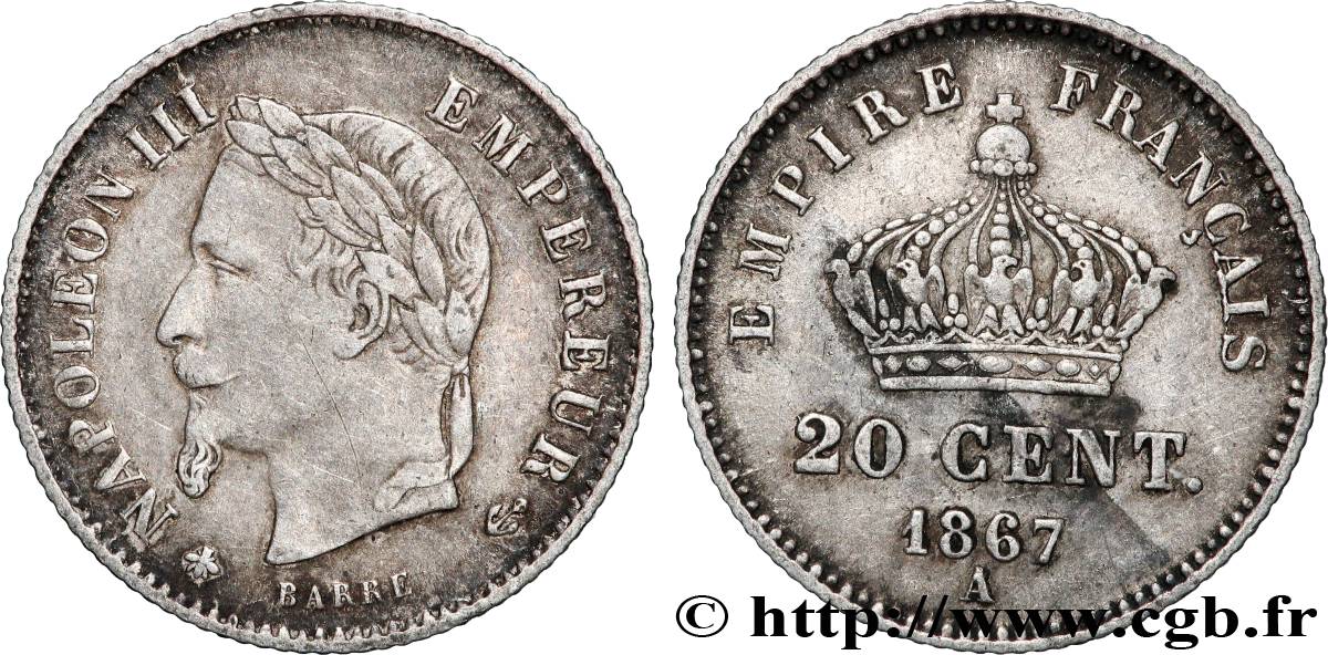 20 centimes Napoléon III, tête laurée, grand module 1867 Paris F.150/1 VZ